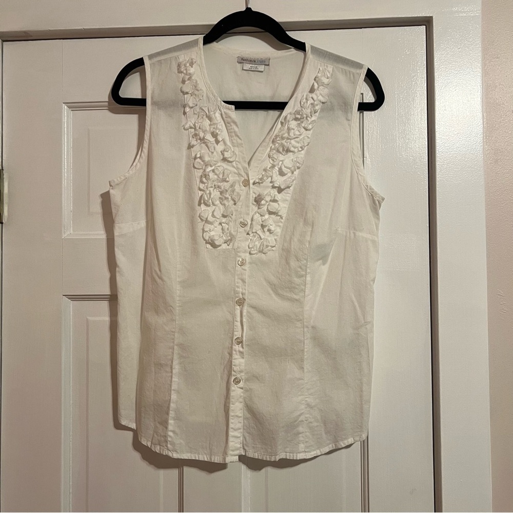 #183 Van Hausen Studio White Button Up Tank with a Floral Ruffle Medium